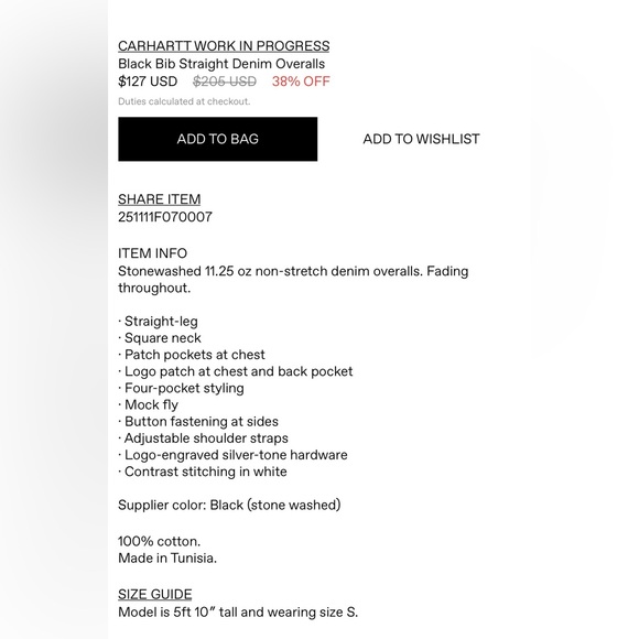 NWT   CARHARTT WORK IN PROGRESS   Black Bib Straight Denim Overalls   Size 26 - Picture 6 of 6